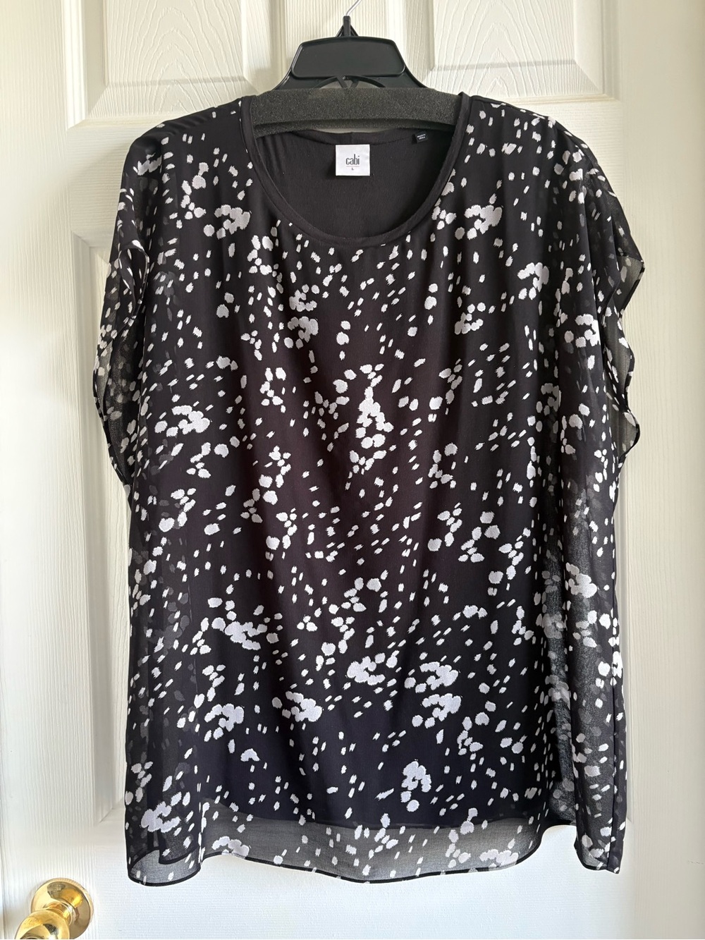 CAbi Navy & White Sheer Spot Print Short Sleeve Blouse